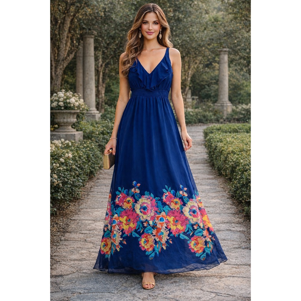 Old Navy Maxi Dress Women Sz L Blue Floral Lightweight Wedding Guest Resort